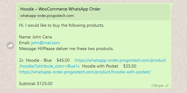 WhatsApp cart order message example